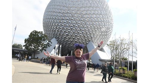 Big pose in front of Spaceship Earth at EPCOT