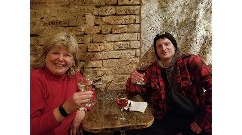 Carol and son Michael at ruin bar in Budapest