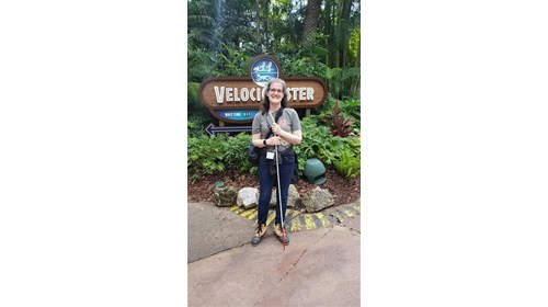 At Universal Studios' Velocicoaster with ID Cane