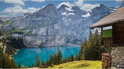 A hut overlooking a beautiful lake in Switzerland