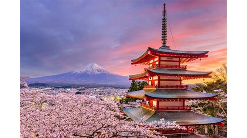 Temple in Japan with Mount Fuji at Background