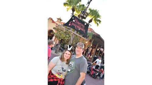 Me and my fiancé outside Pirates of the Caribbean 