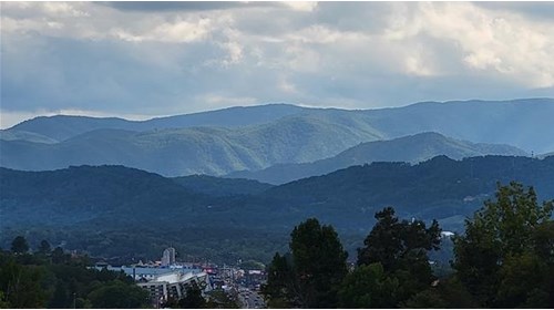 Pigeon Forge Strip framed by the Smoky Mountains