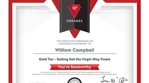 Virgin Voyages Gold Tier Certificate