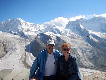 Tom & Red at Matterhorn, glaciers in background