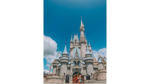 Mickey and Minnie in front of the castle