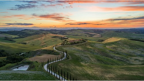 Sunset in the Val d'Orcia in Tuscany, Italy