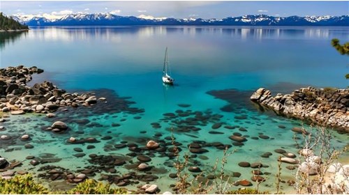 Lake Tahoe with the snowcapped Sierra Nevadas
