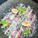 The beef carpaccio appetizer at Rockpool....