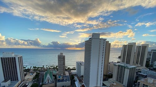 Sunset over Waikiki from balcony of Hilton Hotel 